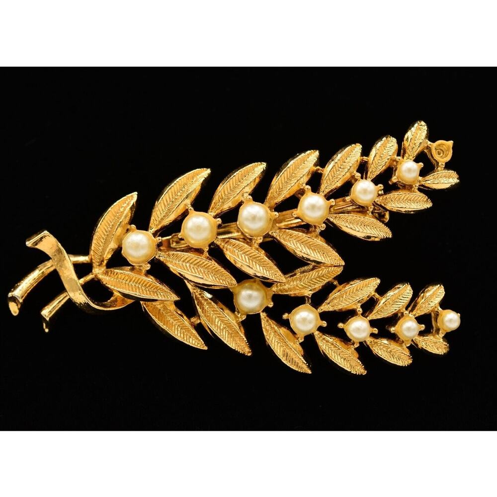 Vintage Leaf Pin Brooch Leaves Long Stem Brushed Gold Faux Pearl 1980s BinAH